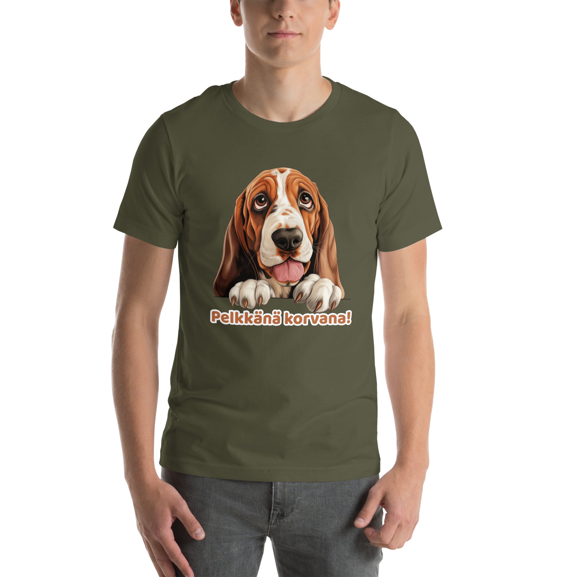 Armeijanvihreä unisex t-paita, jossa kurkistava basset hound ja teksti "Pelkkänä korvana!"