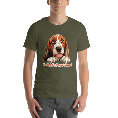 Armeijanvihreä unisex t-paita, jossa kurkistava basset hound ja teksti "Pelkkänä korvana!"
