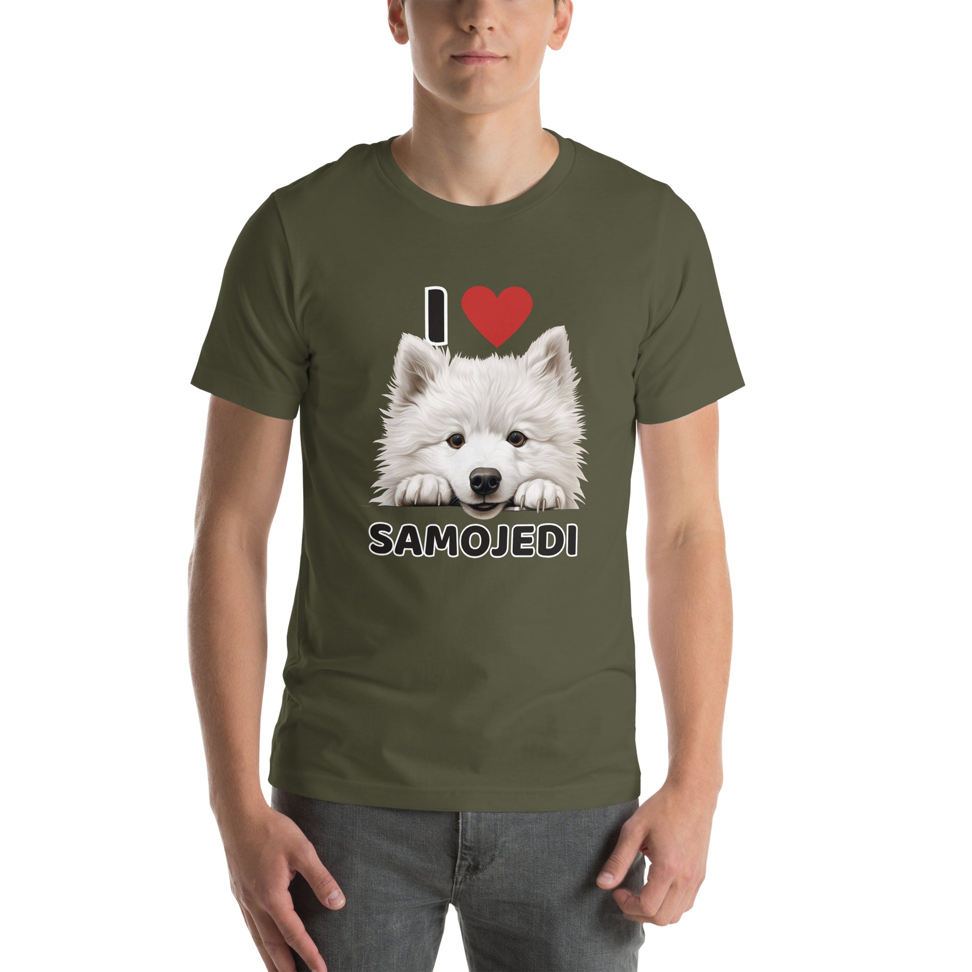 Armeijanvihreä unisex koira t-paita, jossa veikeän samojedinkoiran kuva ja teksti "I love Samojedi".