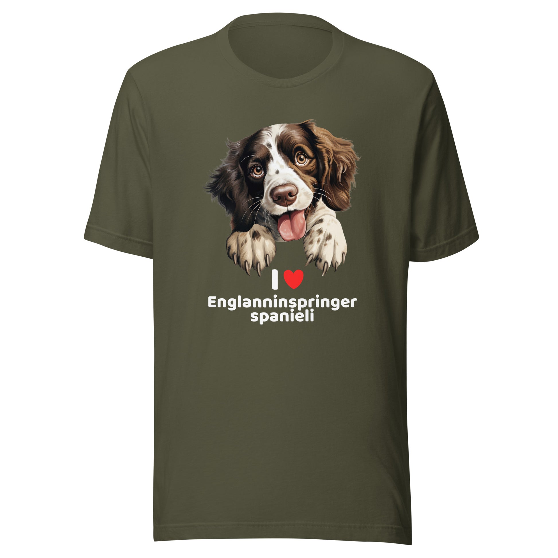 T-paita, jossa on englanninspringerspanielin kuva ja teksti Rakastan englanninspringerspanielia