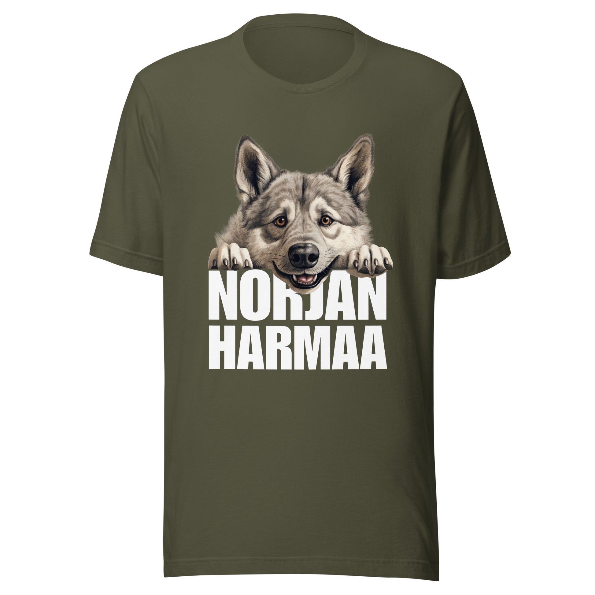 Armeijanvihreä harmaa norjanhirvikoira t-paita, jossa kurkkiva koira ja teksti "NORJANHARMAA".