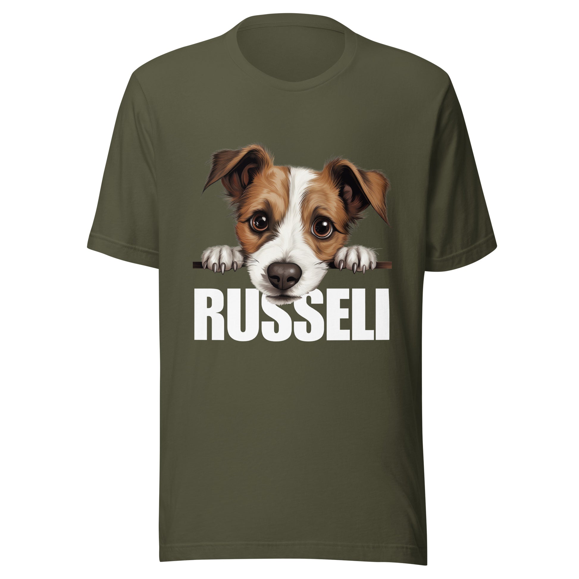 Armeijanvihreä t-paita, jossa jackrussellinterrierin kuva ja teksti "russeli".