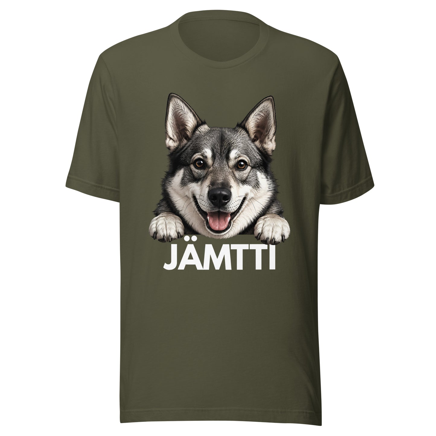 Armeijanvihreä t-paita, jossa jämtlanninpystykorvan kuva ja valkoinen teksti "jämtti".