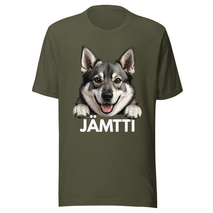 Armeijanvihreä t-paita, jossa jämtlanninpystykorvan kuva ja valkoinen teksti "jämtti".