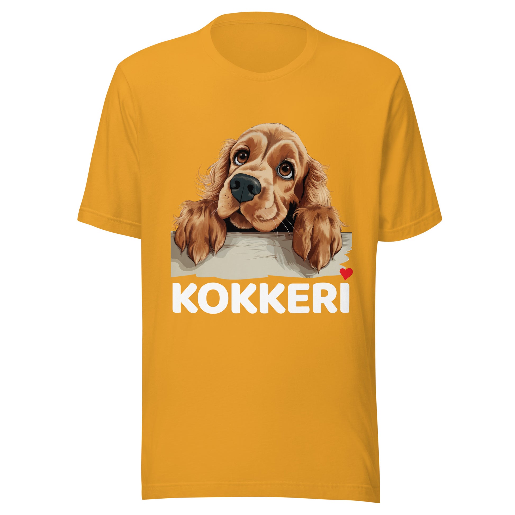 Sinapinkeltainen cockerspanieli t-paita, jossa teksti "KOKKERI" ja punainen sydän.