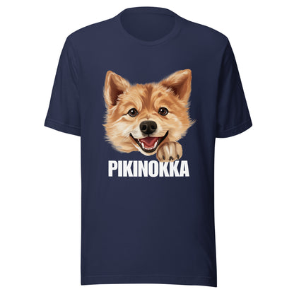 Laivastonsininen t-paita, jossa suomenpystykorvan kuva ja valkoinen teksti "pikinokka".