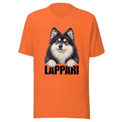 Oranssi t-paita, jossa suomenlapinkoiran kuva ja alla musta teksti "LAPPARI".