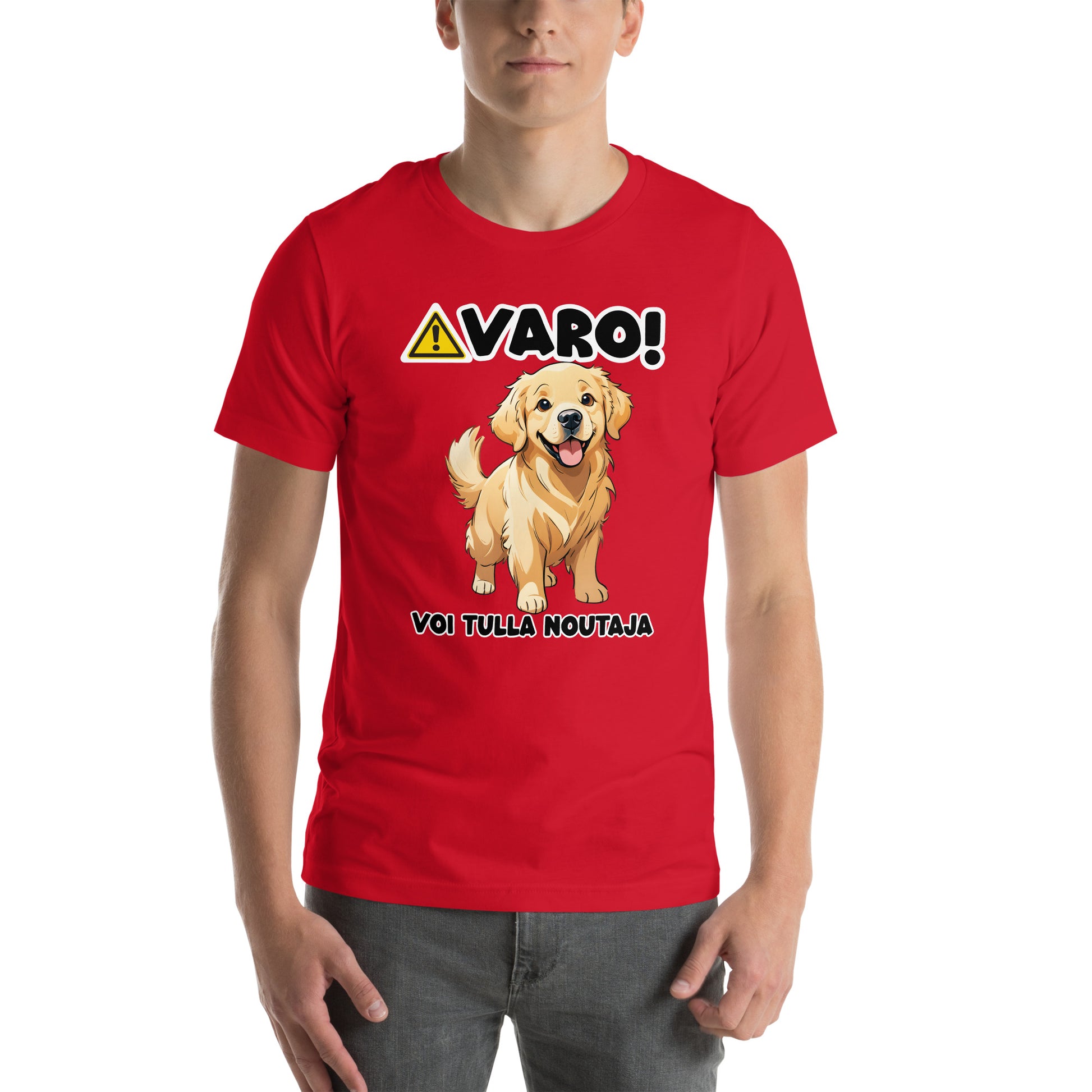 Punainen unisex t-paita, jossa kiltin kultaisennoutajan kuva ja teksti "VARO! Voi tulla noutaja".