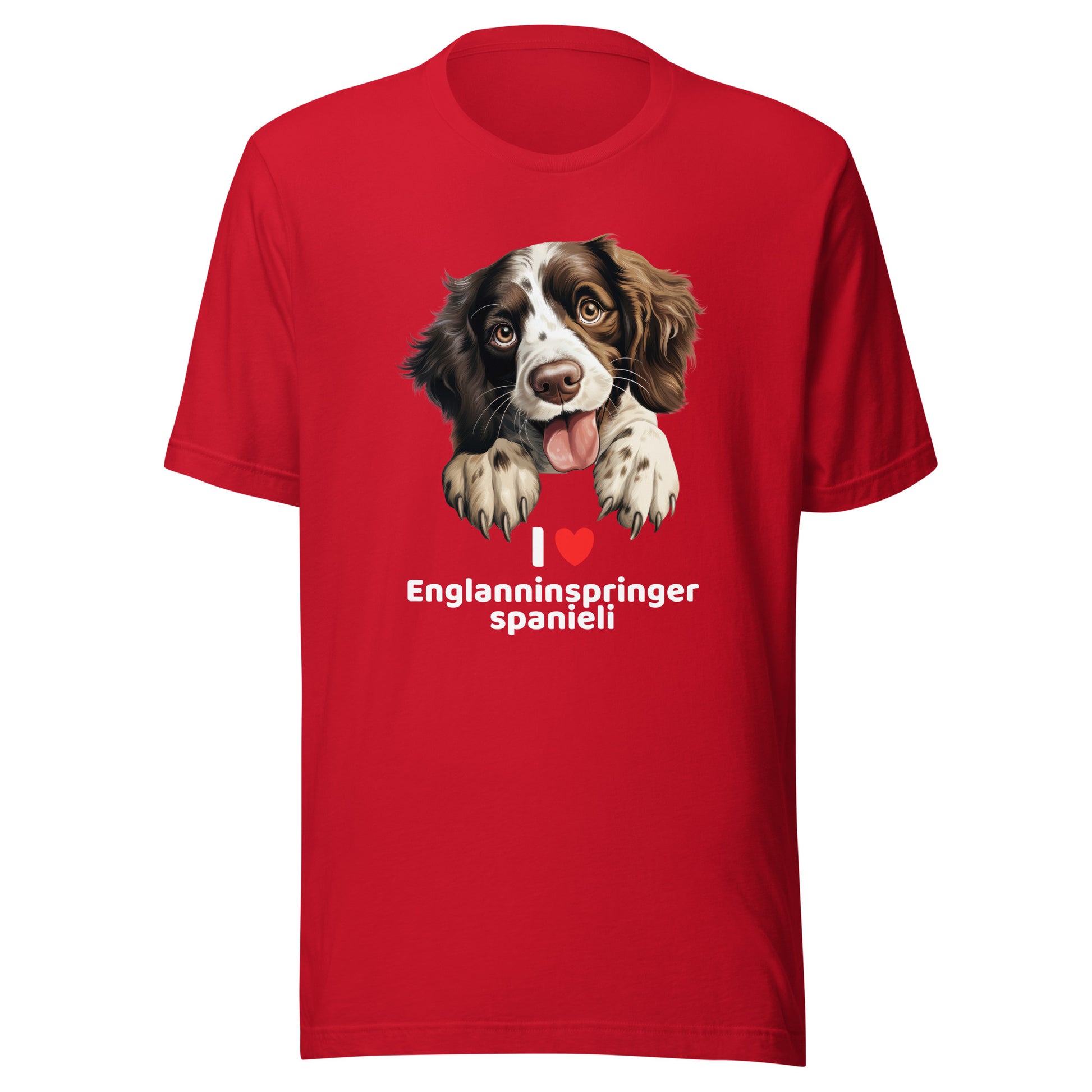 Punainen t-paita, jossa on kuva englanninspringerspanielista ja teksti Rakastan englanninspringerspanielia