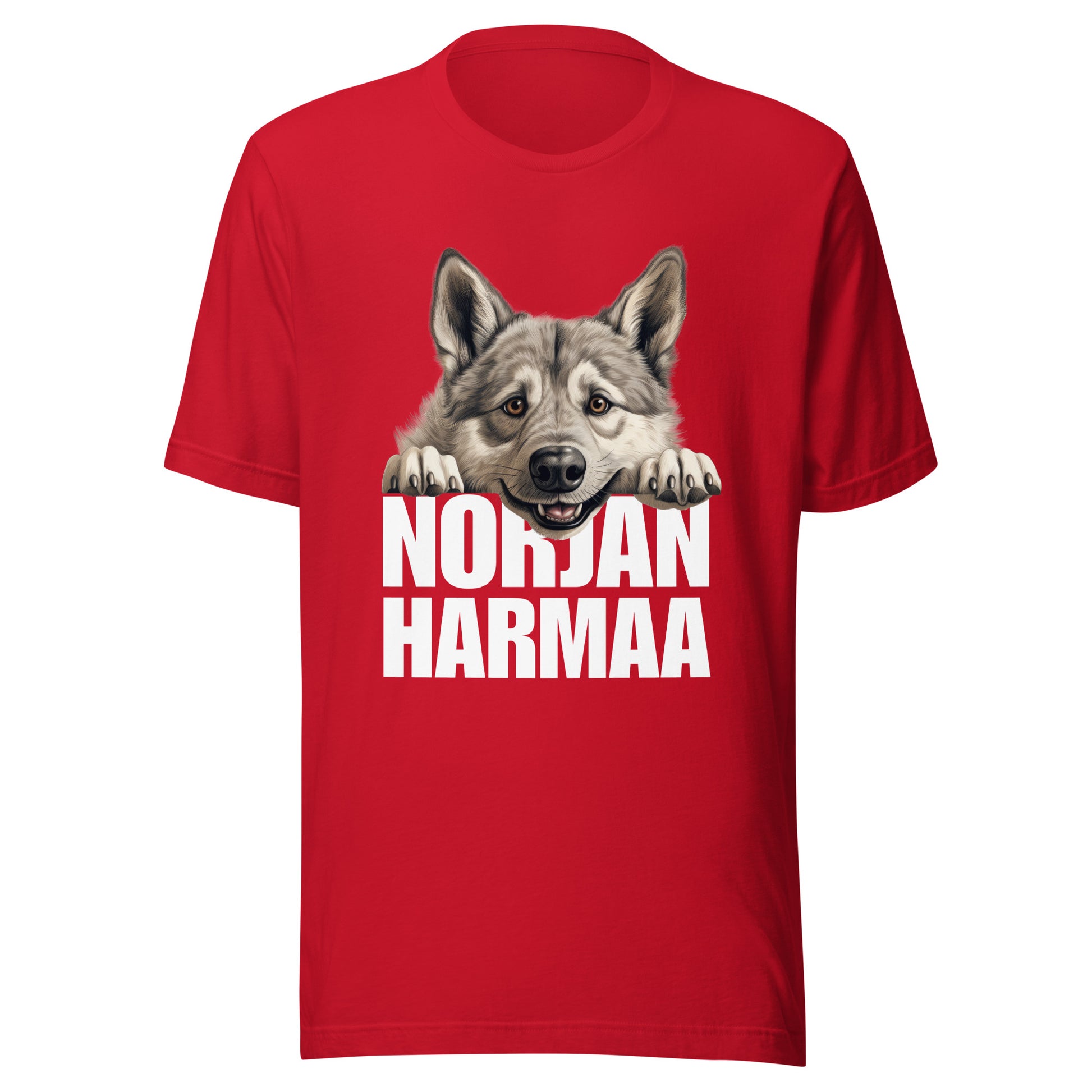 Punainen harmaa norjanhirvikoira t-paita, jossa kurkkaava koira ja teksti "NORJANHARMAA".