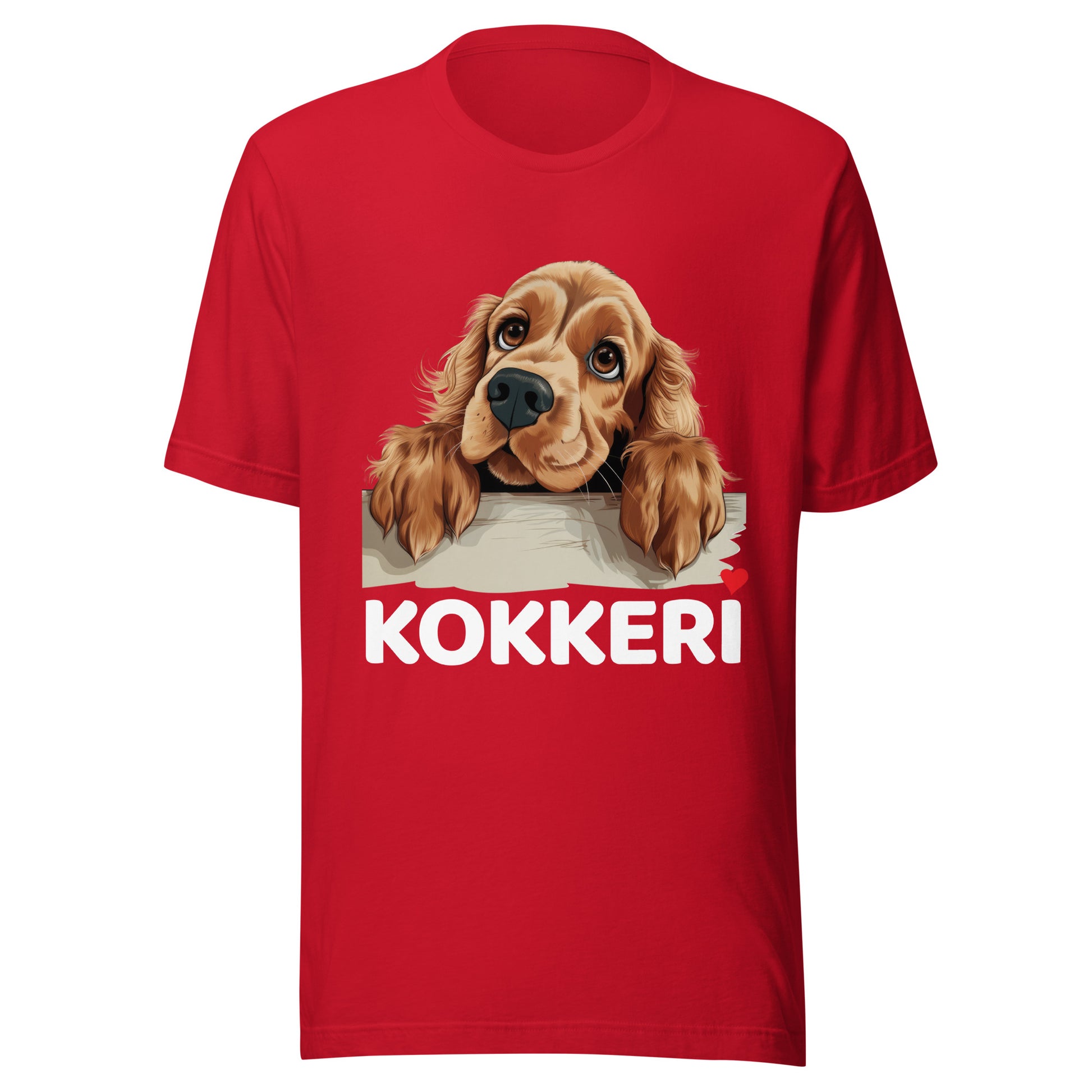 Punainen cockerspanieli t-paita, jossa teksti "KOKKKERI" ja punainen sydän.