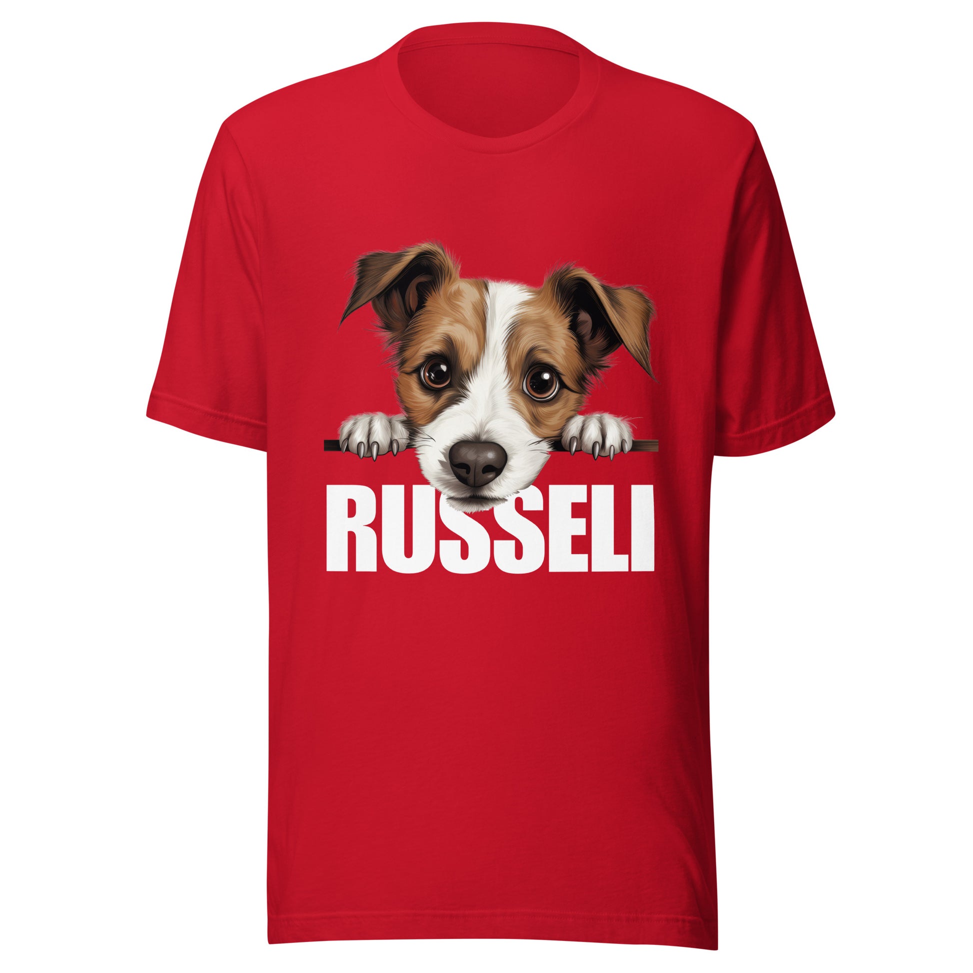 Punainen t-paita, jossa jackrussellinterrierin kuva ja teksti "russeli".