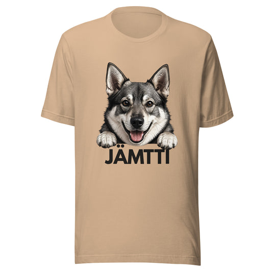 Beige t-paita, jossa jämtlanninpystykorvan kuva ja teksti "jämtti".