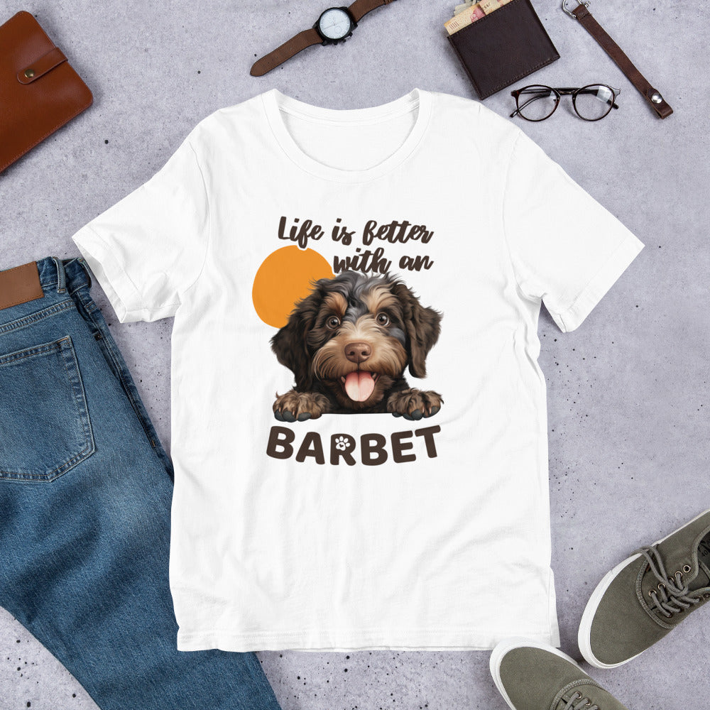 Valkoinen t-paita, jossa barbet-koiran kuva ja teksti "Life is Bette with a Barbet".
