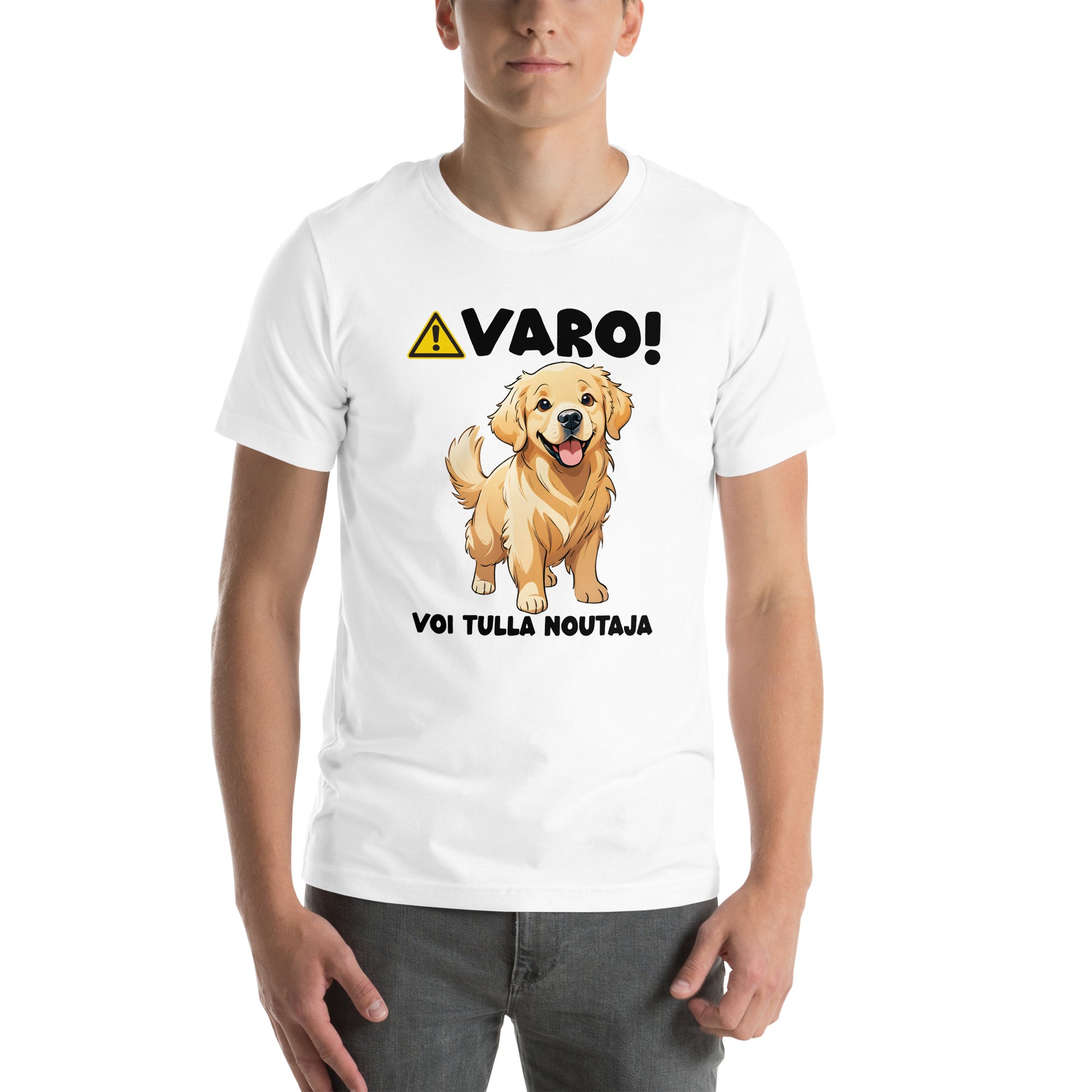 Mies päällään valkoinen t-paita, jossa kultaisennoutajan pennun kuva ja teksti "VARO! Voi tulla noutaja".