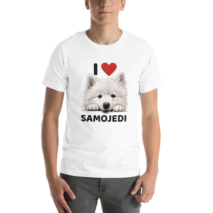 Mies yllään valkoinen t-paita, jossa suloinen samojedinkoira ja teksti "I love samojedi".