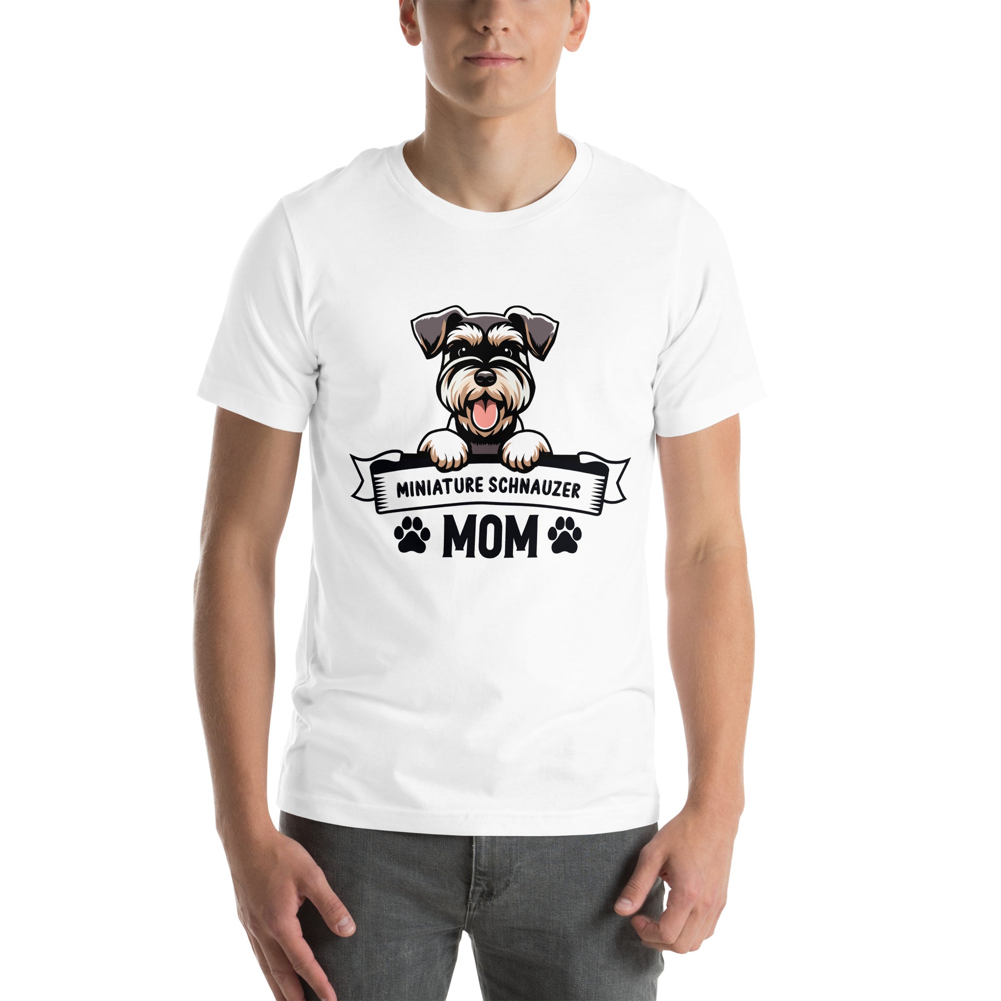 Valkoinen t-paita, jossa kääpiösnautserin kuva ja musta teksti "Miniature Schnauzer Mom".