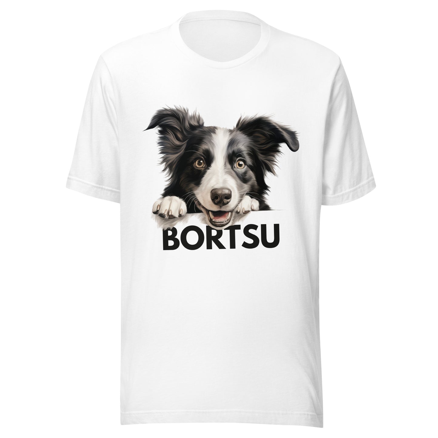 Valkoinen t-paita, jossa bordercollien kuva ja tumma teksti "bortsu".