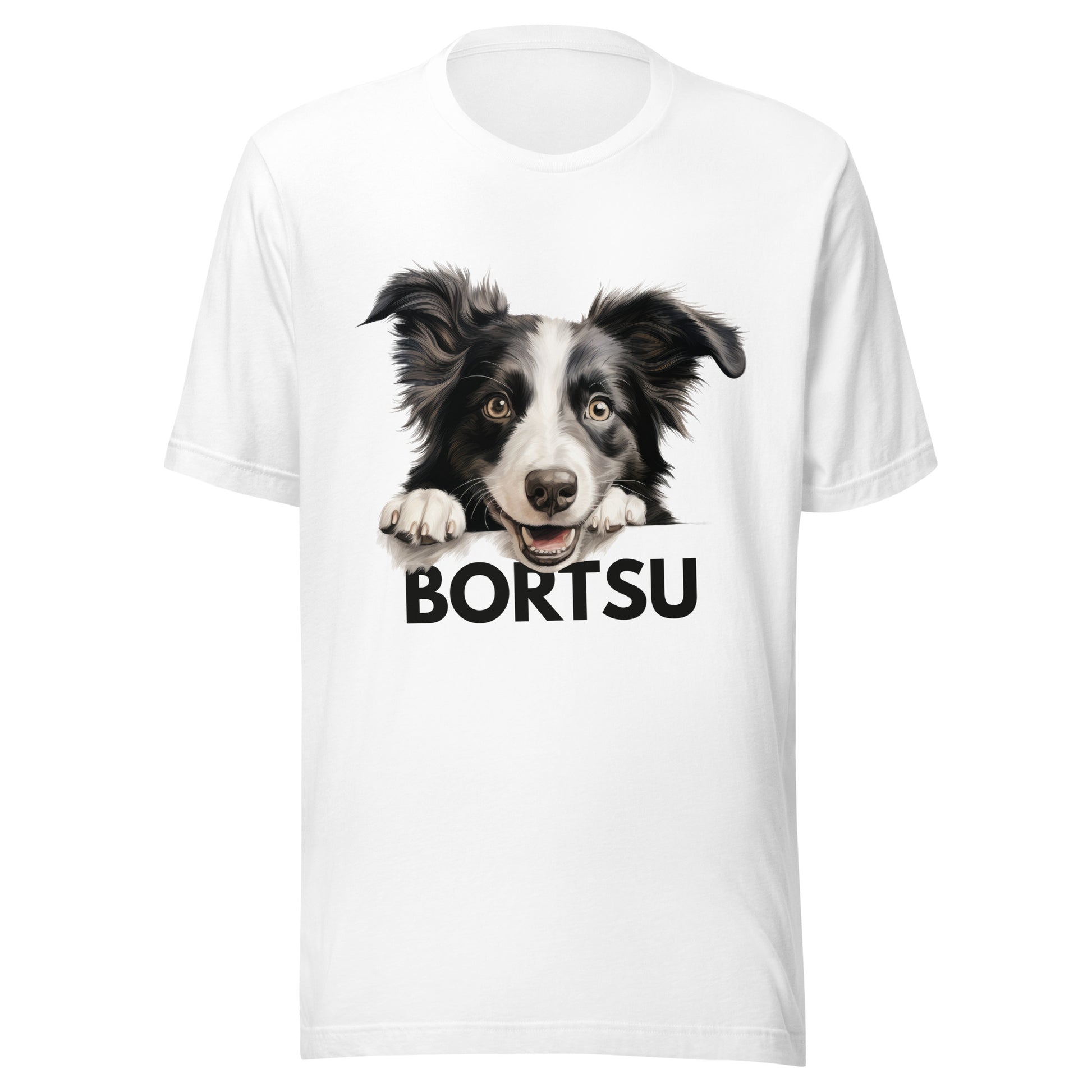 Valkoinen t-paita, jossa bordercollien kuva ja tumma teksti "bortsu".
