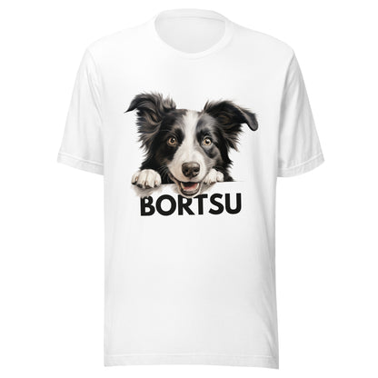Valkoinen t-paita, jossa bordercollien kuva ja tumma teksti "bortsu".