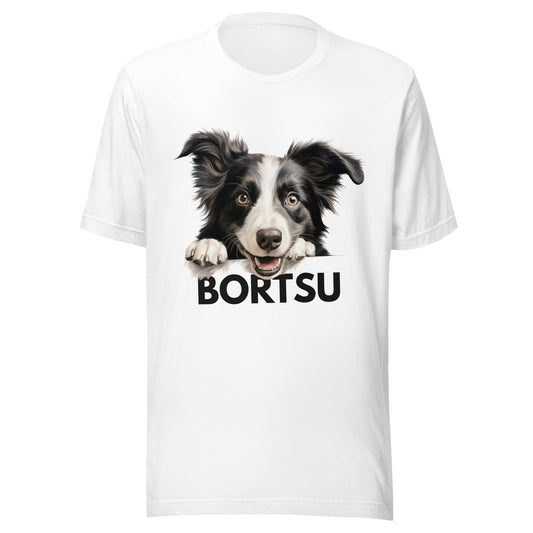 Valkoinen t-paita, jossa bordercollien kuva ja tumma teksti "bortsu".