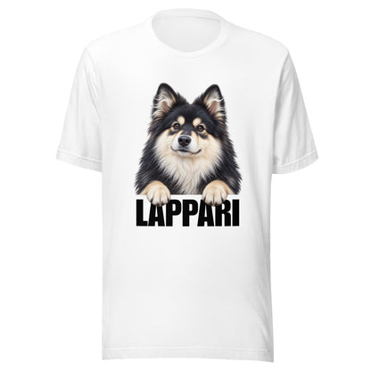 Valkoinen t-paita, jossa suomenlapinkoiran kuva ja alla musta teksti "LAPPARI".