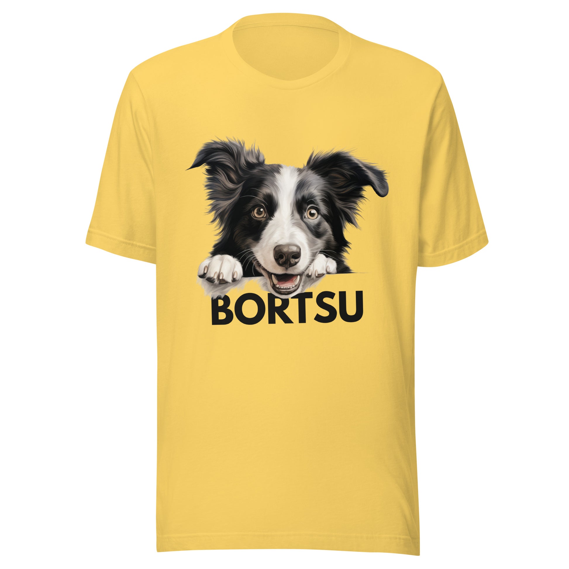 Keltainen t-paita, jossa bordercollien kuva ja tumma teksti "bortsu".