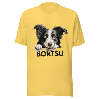 Keltainen t-paita, jossa bordercollien kuva ja tumma teksti "bortsu".