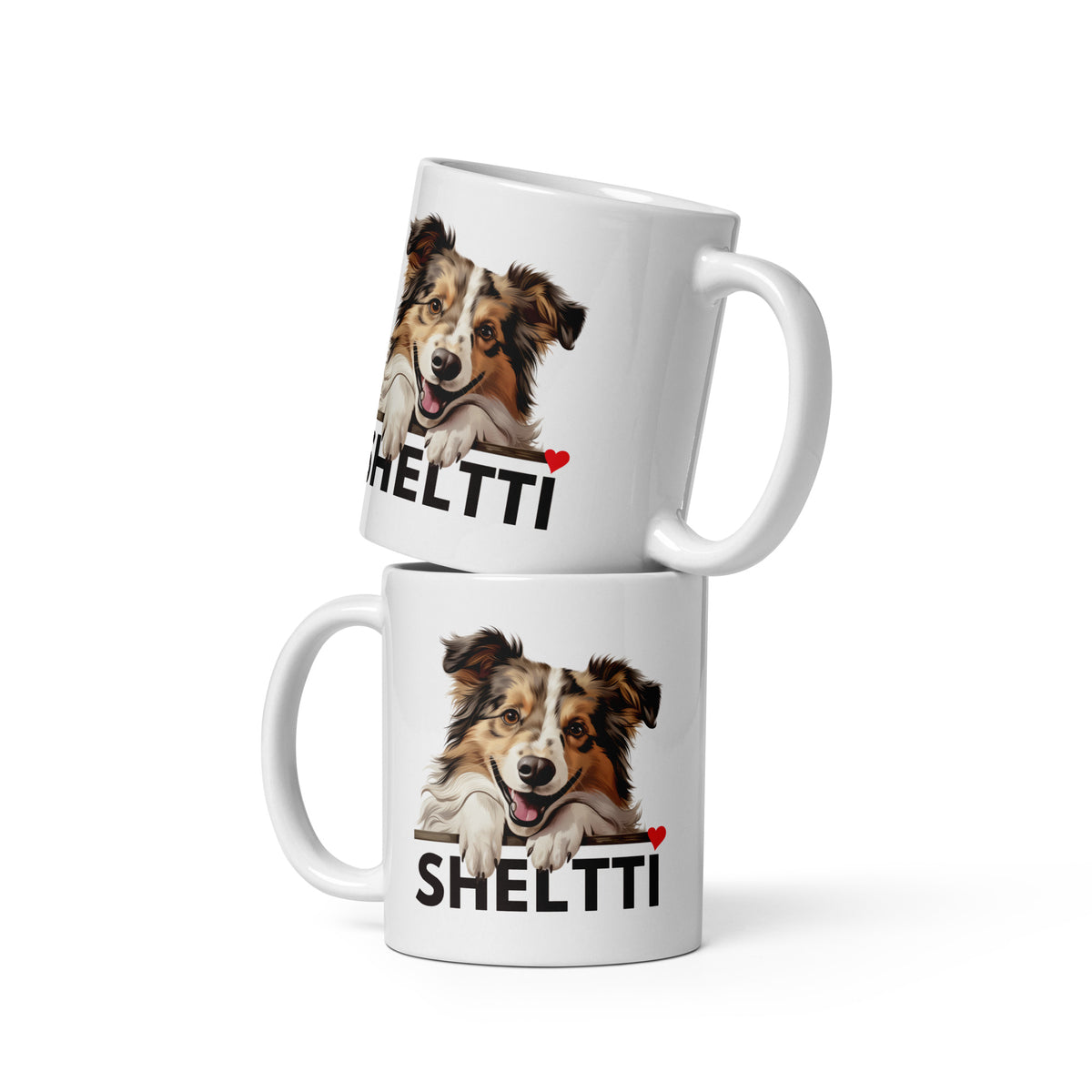 Kaksi kirkkaanvalkoista mukia, joissa shetlanninlammaskoiran kuva ja teksti "Sheltti".