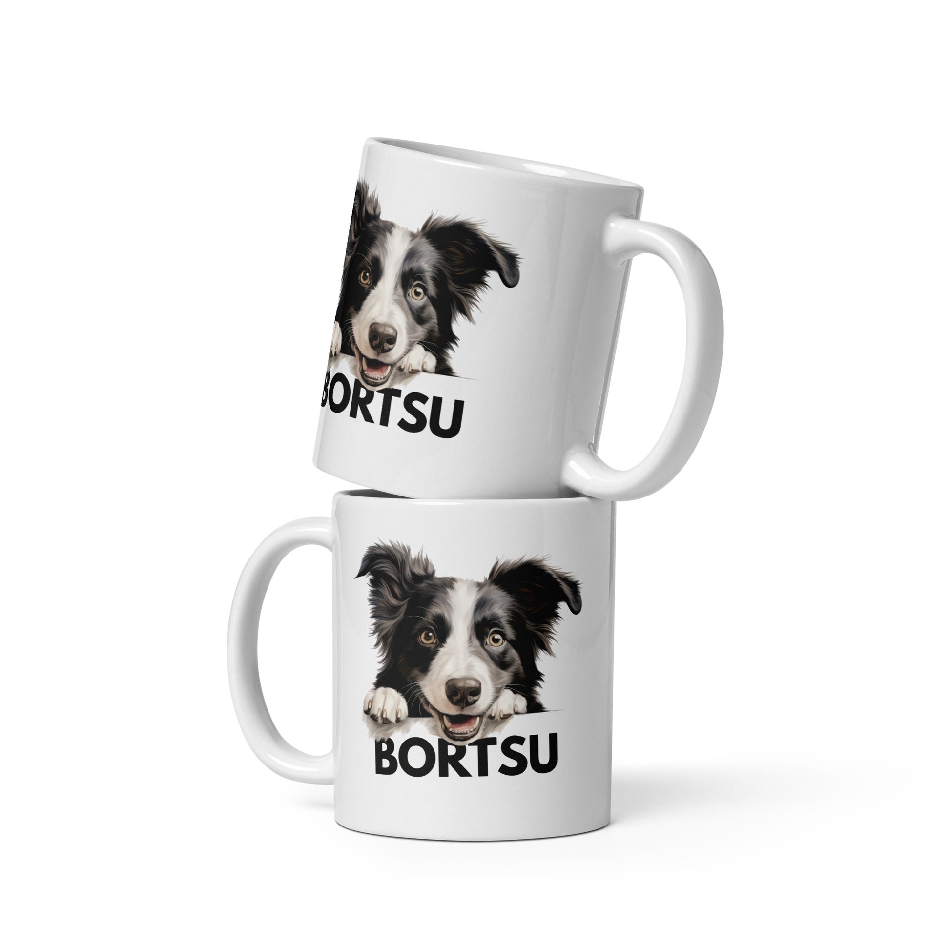 Kaksi valkoista bordercollie-mukia, jossa koiran kuva ja tumma teksti "bortsu".