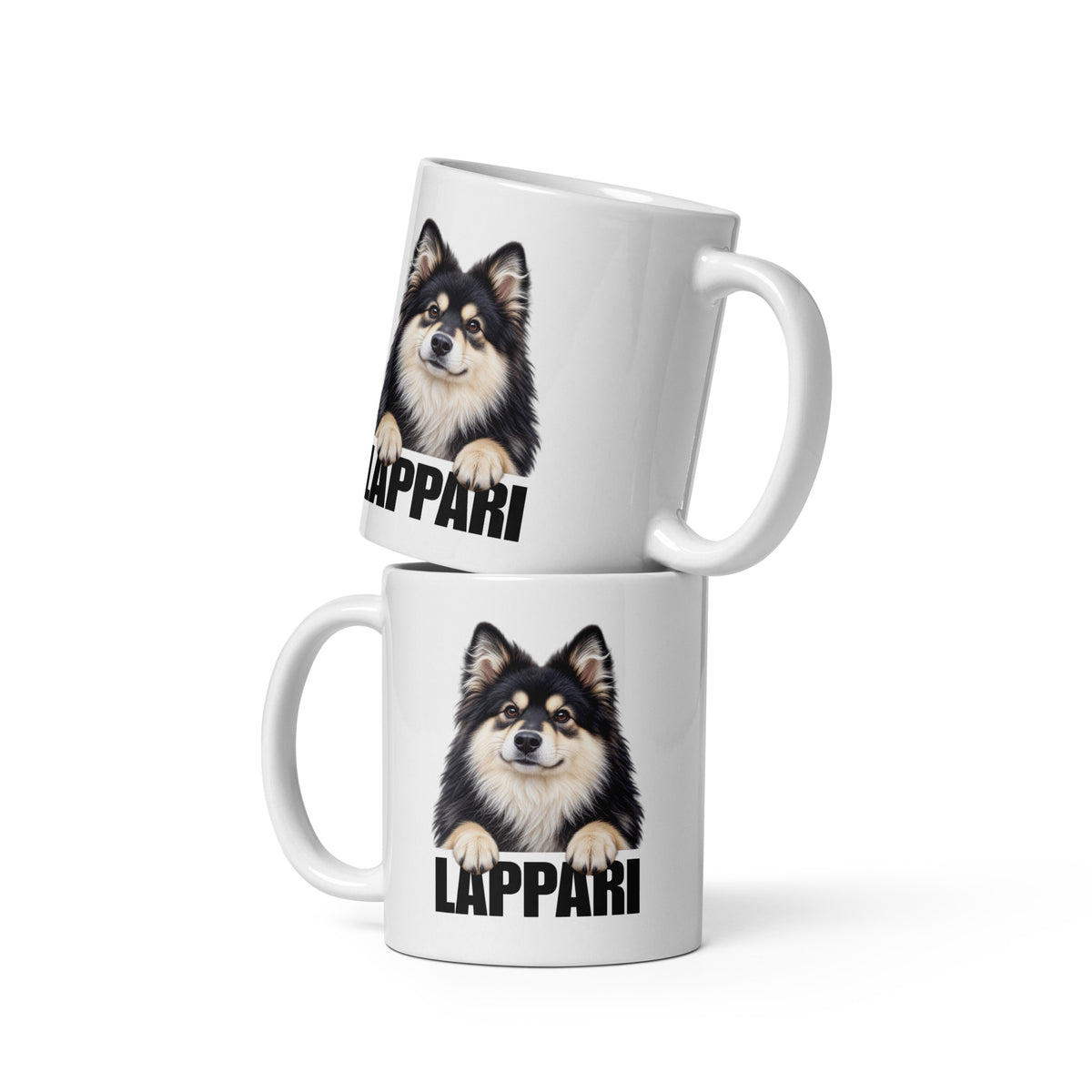 Kaksi valkoista keraamista mukia, joissa suomenlapinkoiran kuva ja tumma teksti "LAPPARI".
