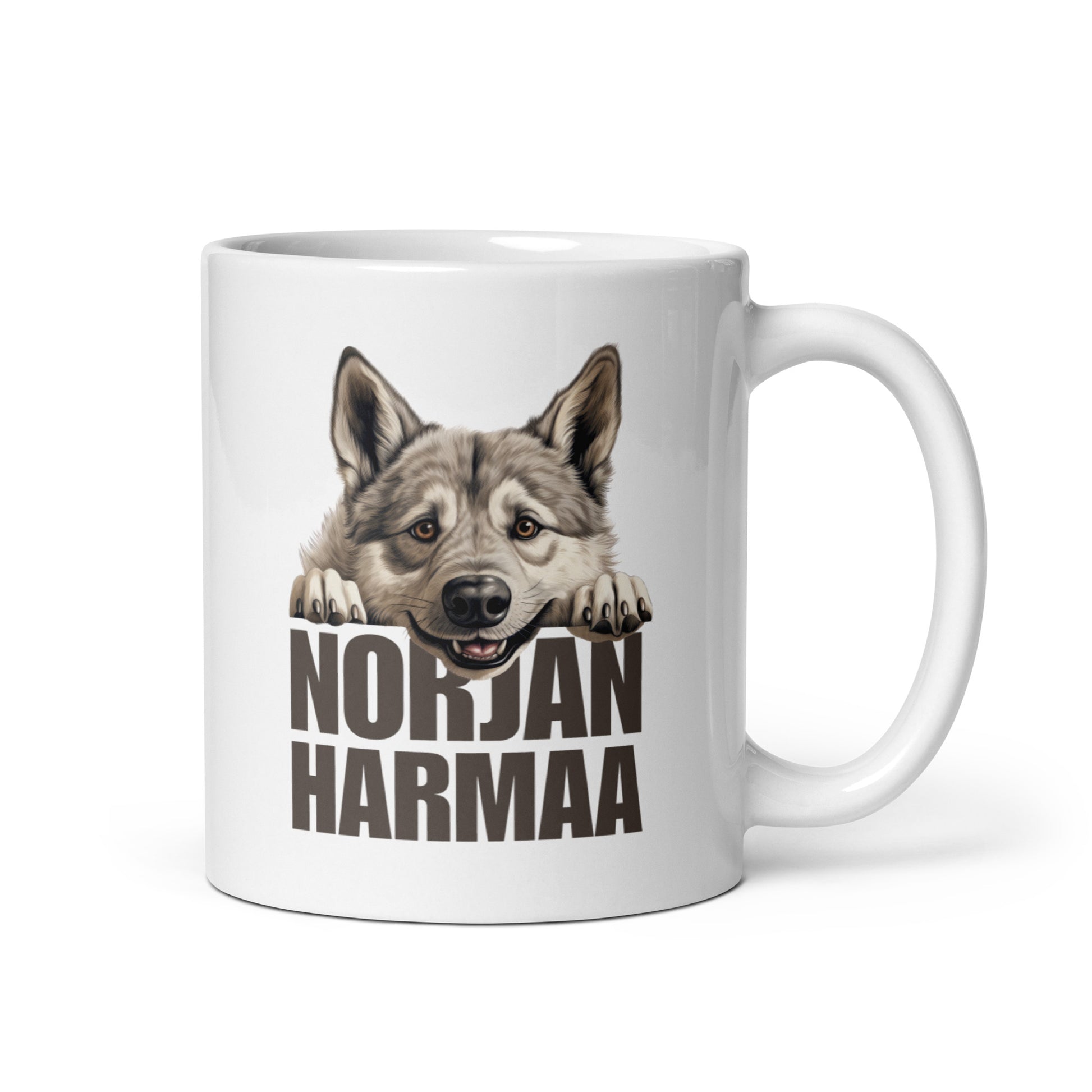 Kiiltävänvalkoinen muki, jossa harmaa norjanhirvikoira ja teksti "NORJANHARMAA".
