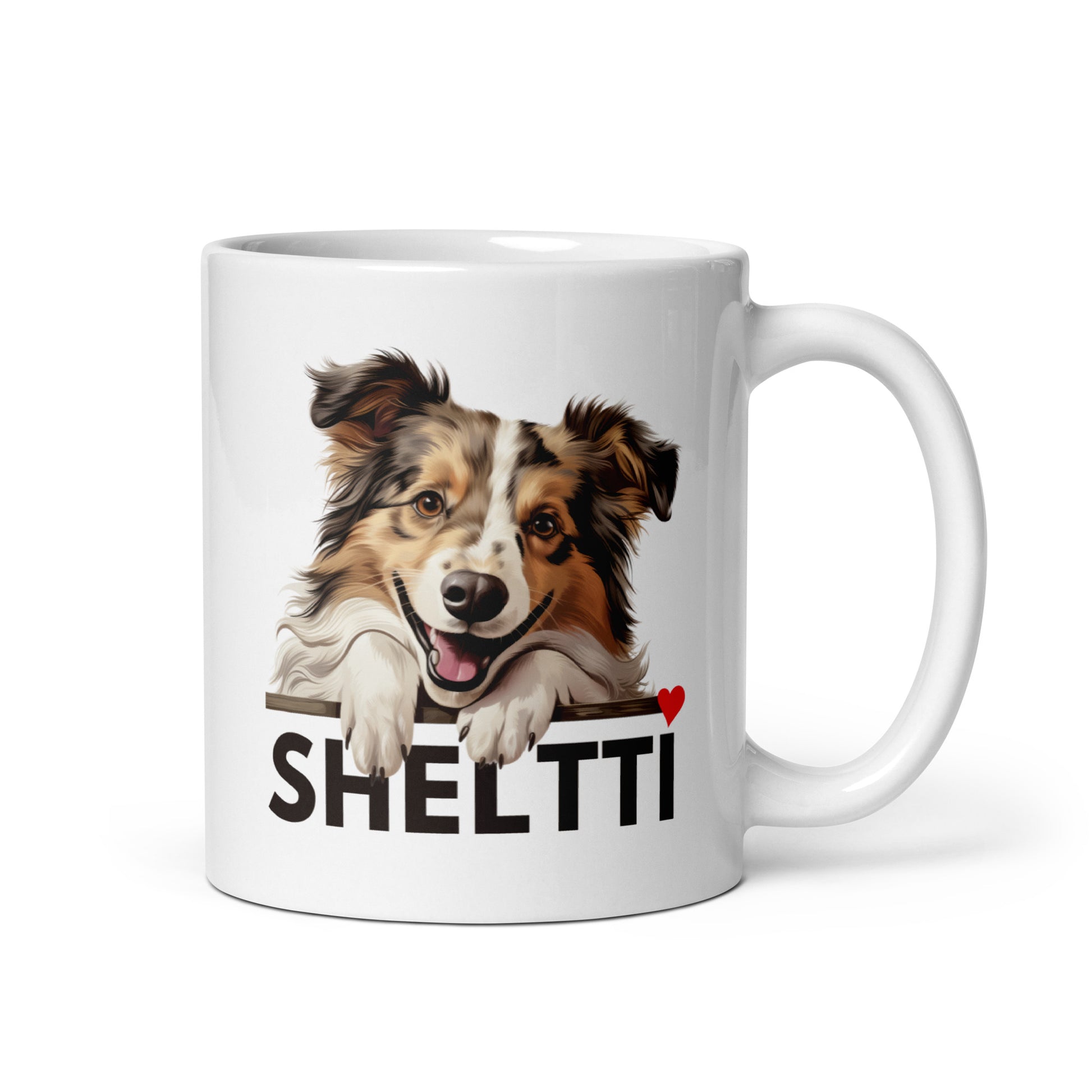 Valkoinen muki, jossa shetlanninlammaskoiran kuva ja tumma teksti "sheltti".