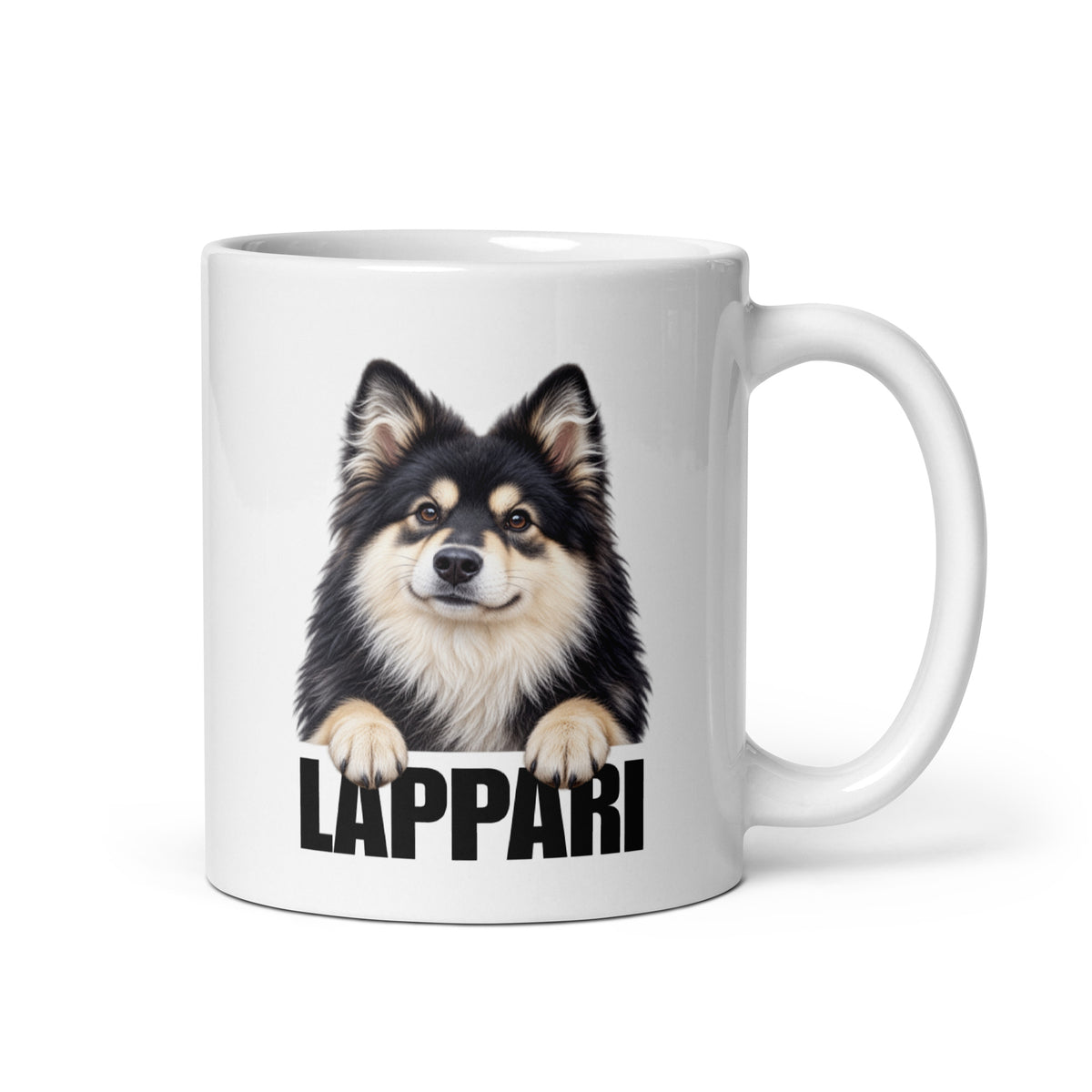 Keraaminen valkoinen muki, jossa suomenlapinkoiran kuva ja teksti "LAPPARI".