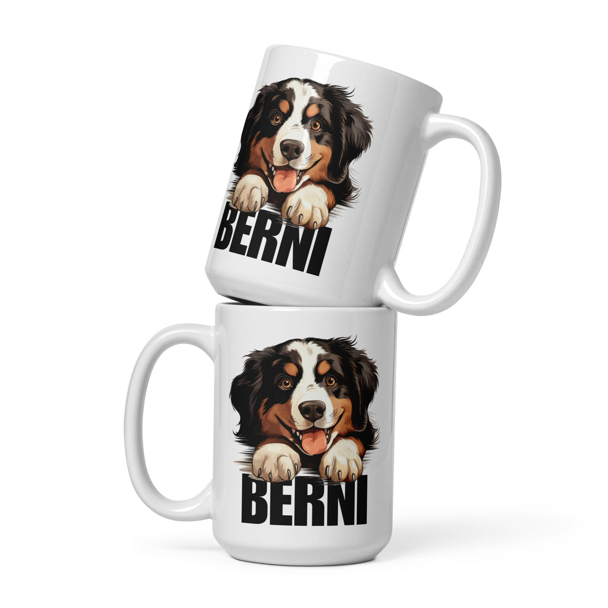 Kaksi valkoista mukia, joissa hymyilevän berninpaimenkoiran kuva ja tumma teksti "berni".