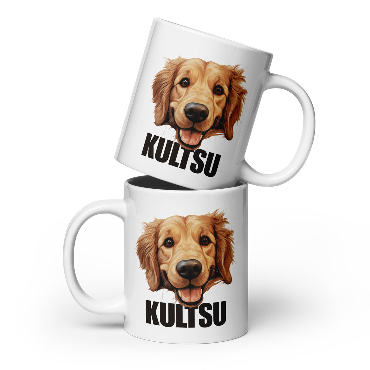 Kaksi valkoista mukia, joissa kultaisennoutajan kuva ja tumma teksti "kultsu".